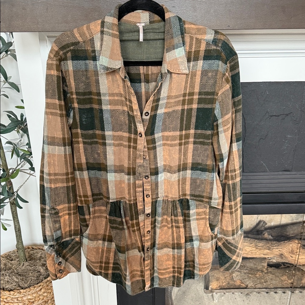 Free People Green and Beige Plaid Shirt